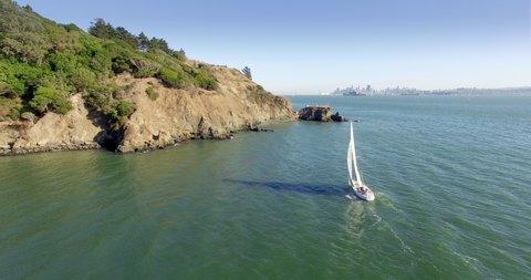 Aerial of yatch sailing in the San Francisco harbor