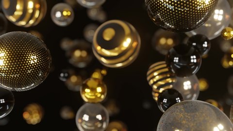 Black and Golden balls with reflection falling. Abstract 3D realistic background with balls. Modern design. Luxury background. 2022, 2023 Christmas and new year background. Looped 4K animation.