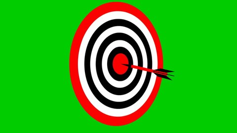 Animated black and red target with a dart. Concept of marketing, result, goal, win, intention, purpose. Illustration isolated on green background.