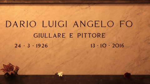 
Milan, Italy - October 20, 2021: the tombstone of Dario Fo, Italian actor and nobel prize winner, at the Monumental Cemetery of Milan.