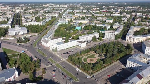 Aerial photo of Dzerzhinsk, Russian city in Nizhny Novgorod Oblast with view of Lenin avenue and Monument to Dzerzhinskiy. High quality 4k footage