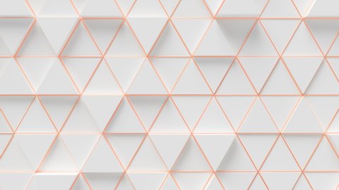 Elegant Triangles Surface Loop 1 Rose Gold x White. Trendy white triangles over a vibrant rose gold grid. Intense warm golden feel. Abstract 3D triangular background. Seamless loop. 4K
