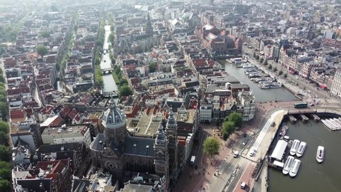 Aerial view of the Basilica of Saint Nicholas in Dutch Basiliek van de Heilige Nicolaas is located in the Old Centre district of Amsterdam the Netherlands very close to the main railway station 4k