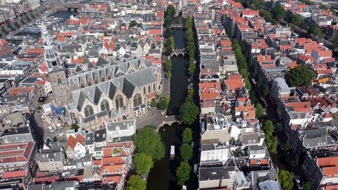 Aerial view of de Wallen is the largest and best known red-light district in Amsterdam and consists of a network of alleys containing approximately three hundred one-room cabins rented by prostitutes
