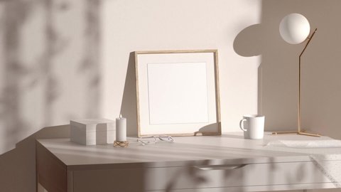 Blank wood small square frame mockup interior background, looped motion, 3d rendering. Empty animated wooden cadre with canvas mock up. Clear memory photography or snapshot template.