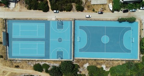 Aerial view of sporting place on hilltop between a paradise bay and Zavalatica town on Korcula Island, Dalmatia, Croatia.