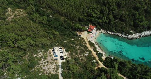 Aerial view of a small bay with a paradise beach near Zavalatica town on Korcula Island, Dalmatia, Croatia.
