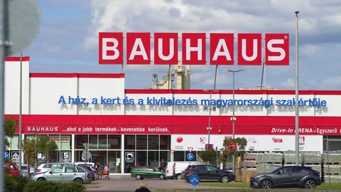 Dunakeszi, Hungary - August 3, 2021: Bauhaus store. 4K 25 fps.