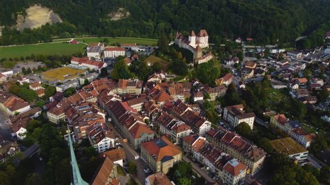 Aerial view of the old town of the city Burgdorf in Switzerland on a late afternoon in summer.	