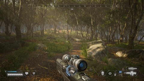 4K fake shooter gameplay. 3D gameplay forest with HUD