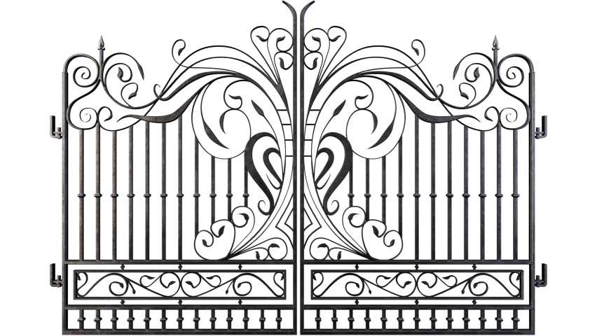 A set of ornate decorative cast iron driveway gates opening outwards on an isolated white background, alpha render included Royalty-Free Stock Footage #1082749489
