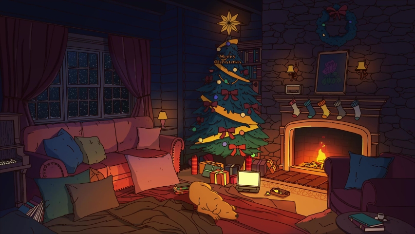 4K Sweet Dog Sleeping Next To Fireplace On Christmas. Loop Animation Video For LoFi Music