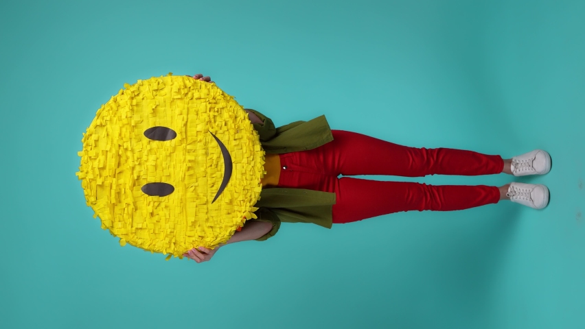 Energetic lady vertical full size emoji dance isolated cyan color background