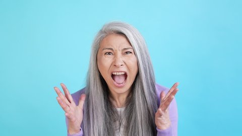 Irritated lady annoyed yell shout failure isolated on blue color background