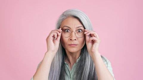 Lady wear specs impressed horrible message isolated pastel color background