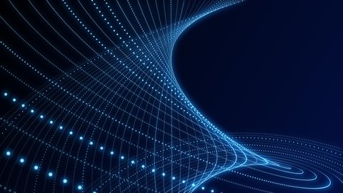 Elegant spiraling electric blue fractal light wave motion background animation with glowing particles. Full HD and looping geometric background.