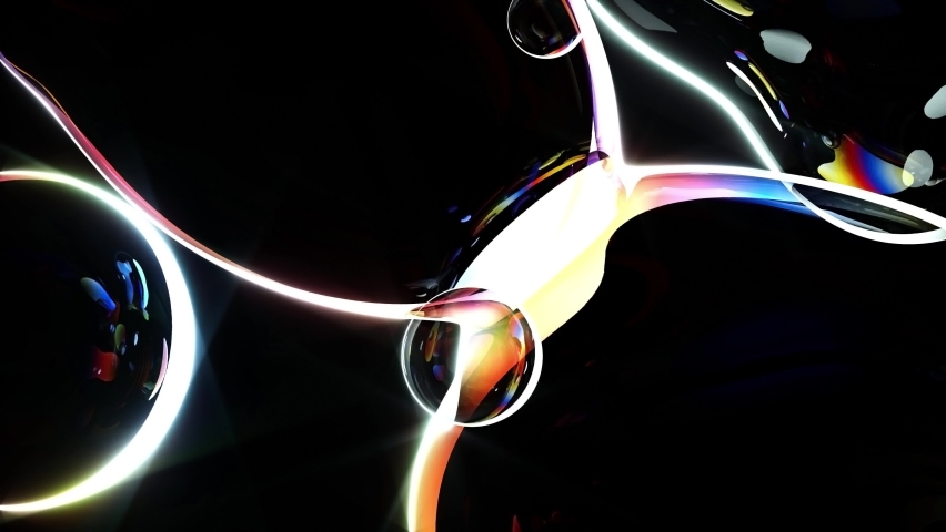 3d render of abstract art of surreal object based on meta round balls spheres glass drops water liquid in rainbow neon gradient light color in transition deformation process on black background | Shutterstock HD Video #1082757085