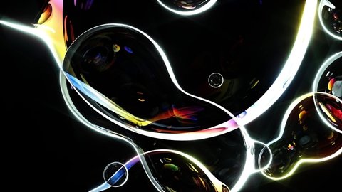 3d render of abstract art of surreal object based on meta round balls spheres glass drops water liquid in rainbow neon gradient light color in transition deformation process on black background