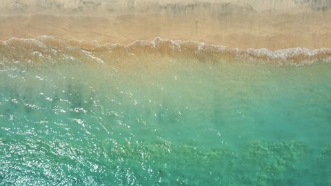 Top down view on white sand beach with reef in Nusa Penida Bali Indonesia. High quality 4k aerial birds view footage