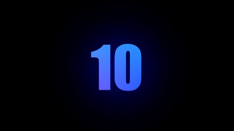 Blue Neon Light 10 Seconds Countdown on black background.4K Video Countdown. NEON Style for Editor. 10 to 0 animation with glowing edges on black background.