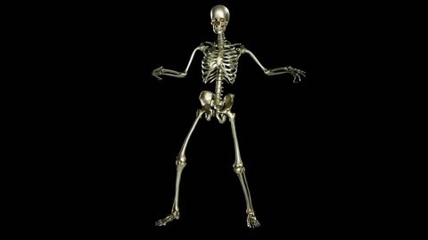 Skeleton dancing. Seamless loop animation on black background, Wave Hip Hop, Ghost character, Dancing Skull, Transparent video with luma matte, 3d render