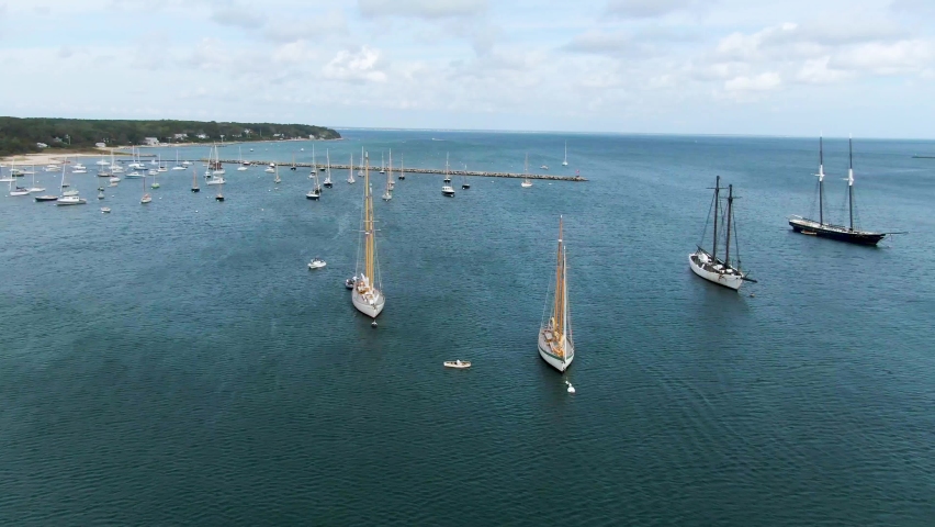 Boats Anchored At The Pier Of Vineyard Heaven In Cape Cod, Massachusetts, USA. aerial