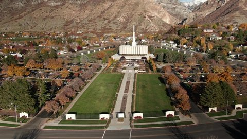 Provo LDS Mormon Temple with Wasatch Mountain Background - Aerial