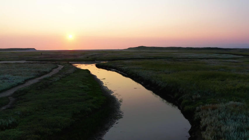 Aerial drone pull back on pink sunset over Texel island slufter dune, salt water swamp with birds flight in the air, Netherlands
