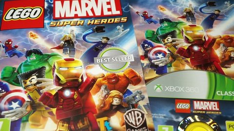 Rome, Italy - November 18, 2021, detail of LEGO Marvel's Avengers 2016 Lego action and adventure video game, developed by Traveller's Tales, Warner Bros, under license from Marvel and Disney.