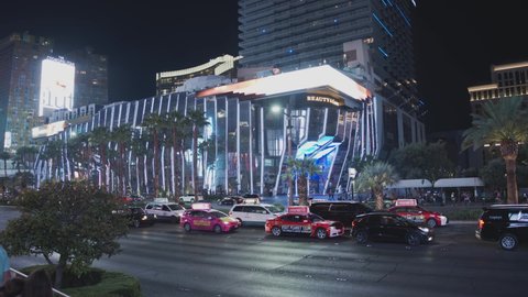 Las Vegas, Nevada - September 29, 2021: A view of the cosmopolitan casino hotel at night with light traffic. 