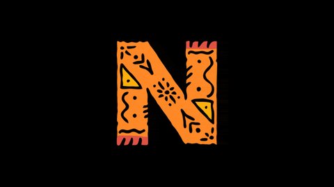 Letter N. 4K, Transparent. Cartoon Animation, Shake twitch effect. Ethnic ornament, national folk pattern in letter. 3 colors. Capital Letter N for ABC education, erudition, game.