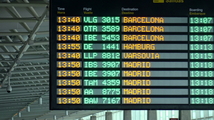 Departure board at the airport in 4k