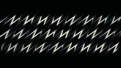 Monochrome three zigzag shaped white lines flowing on a black background, seamless loop. Motion. Black and white glitch or tv noise effect.
