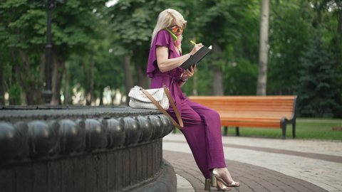 Wide shot busy successful adult Caucasian elegant woman talking on phone writing in sketchbook sitting on fountain in city park. Portrait of confident businesswoman managing business. Slow motion
