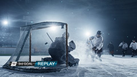 Sports TV Ice Hockey Match Montage: Professional Teams Play, Players Competing. Athletes Scoring a Goal, Celebrating. Loopable Cinematic Lighting, 3D Puck Flying in Slow Motion
