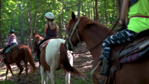 Steadicam cameraing with and following behind little girls riding horses on a forest trail.