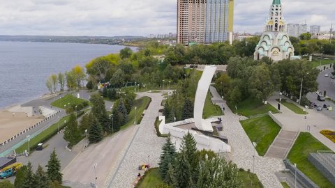 Samara, Russia - September 20, 2020: Stella Rook. Located on the banks of the Volga River, Aerial View Hyperlapse, Point of interest