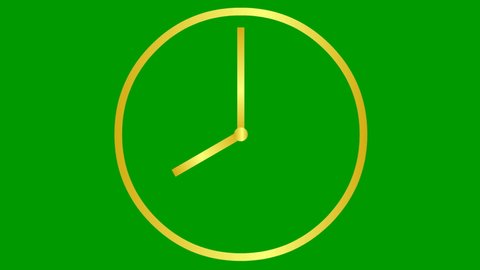 Animated clock. Gold linear watch. Concept of time, deadline. Looped video. Vector illustration isolated on green background.