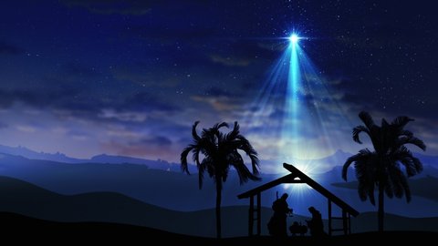 Christmas Scene with twinkling stars and brighter star of Bethlehem with nativity characters animated animals and trees. Seamless Loop of Nativity Christmas story under starry sky and moving clouds 4k