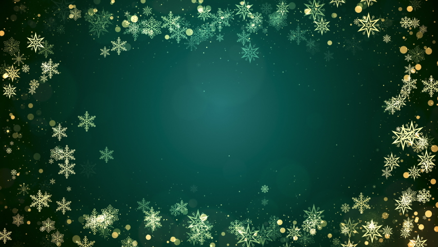 Christmas snowflakes frame with lights and particles on green background. Winter, Christmas, New Years, Holidays frame concept. Seamless looping 4k