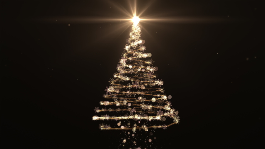 Glowing gold Christmas tree animation with particles lights stars and snowflakes on black. Holiday concept and background 4k