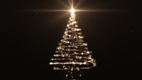Glowing gold Christmas tree animation with particles lights stars and snowflakes on black. Holiday concept and background 4k
