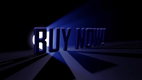 Buy Now! Cinematic 3D text Animation. Three-dimensional Scene in Bright Floor with Led Light and text letter Shadow. buy Now Advertising, conversion and sales concept	
