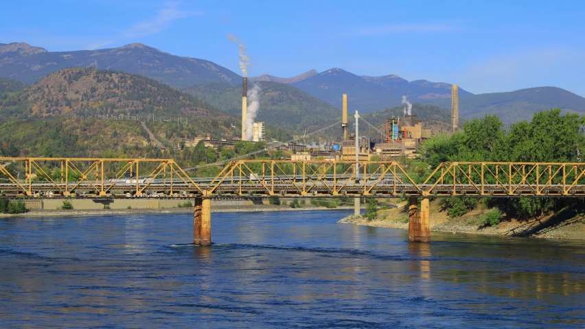 View of the city of Trail and the lead and zinc smelter in the West Kootenay, British Columbia, Canada.