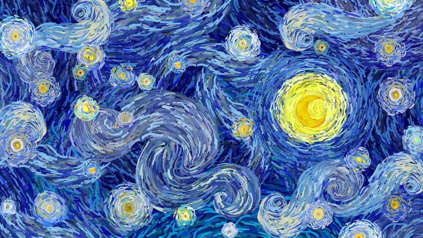 4k animation of cloudy sky and glowing moon in starry night sky in impressionist flat colors style. Royalty-Free Stock Footage #1082806363