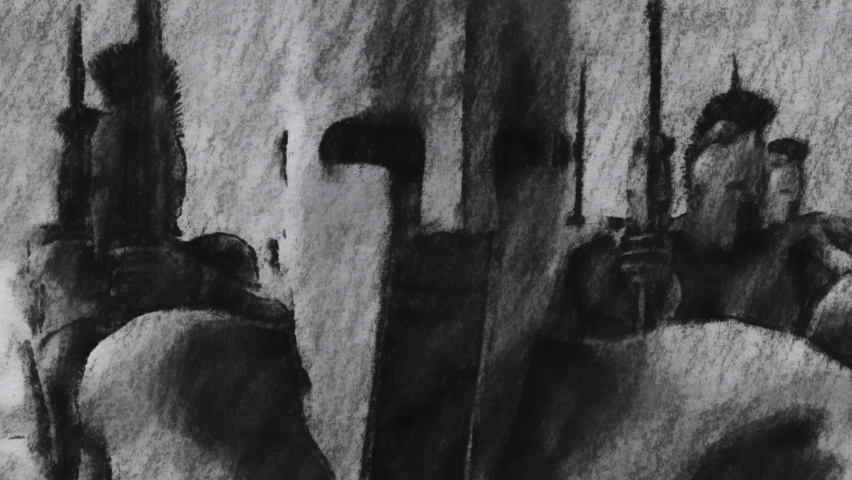 Spartan Soldiers Holding Spears and Shields Charcoal Sketch