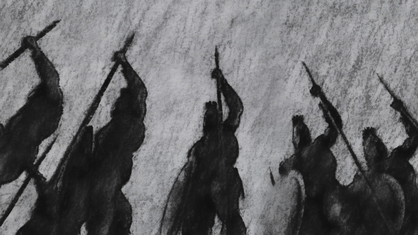 Spartan Soldiers Before Battle Charcoal Sketch