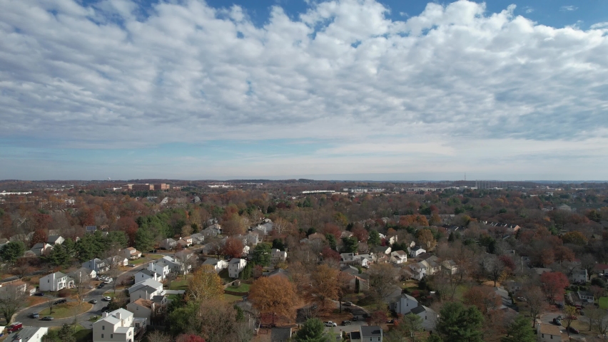 Germantown, Maryland, USA - November 21, 2021: An aerial view of the community of Waters Landing and Lake Churchill, a residential neighborhood in the Washington, DC suburbs. 