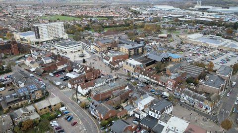 Hoddesdon town centre high street Hertfordshire UK Aerial Drone view,