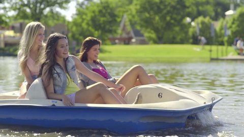 Teen Girls Pedal Hard In Pedal Boat, They Move Their Arms Fast- Pretend Like They Are Running, Funny Joke
